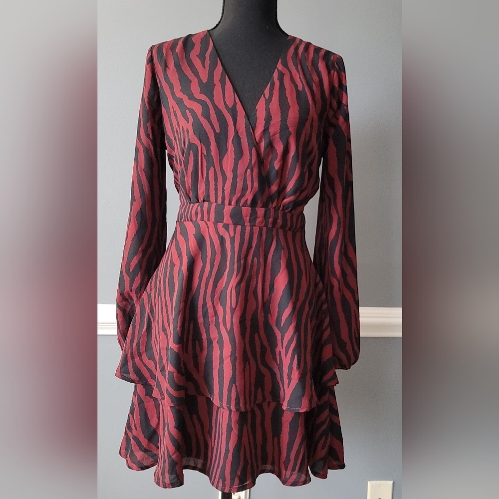Anthroplogie Sadie & Sage Red and Black Zebra-Print Long Sleeve Tiered Dress